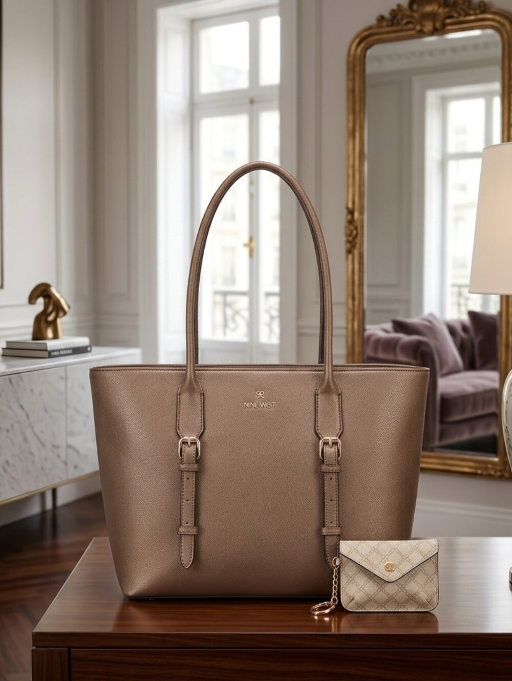 Nine West Metallic Taupe Tote with Matching Card Wallet
